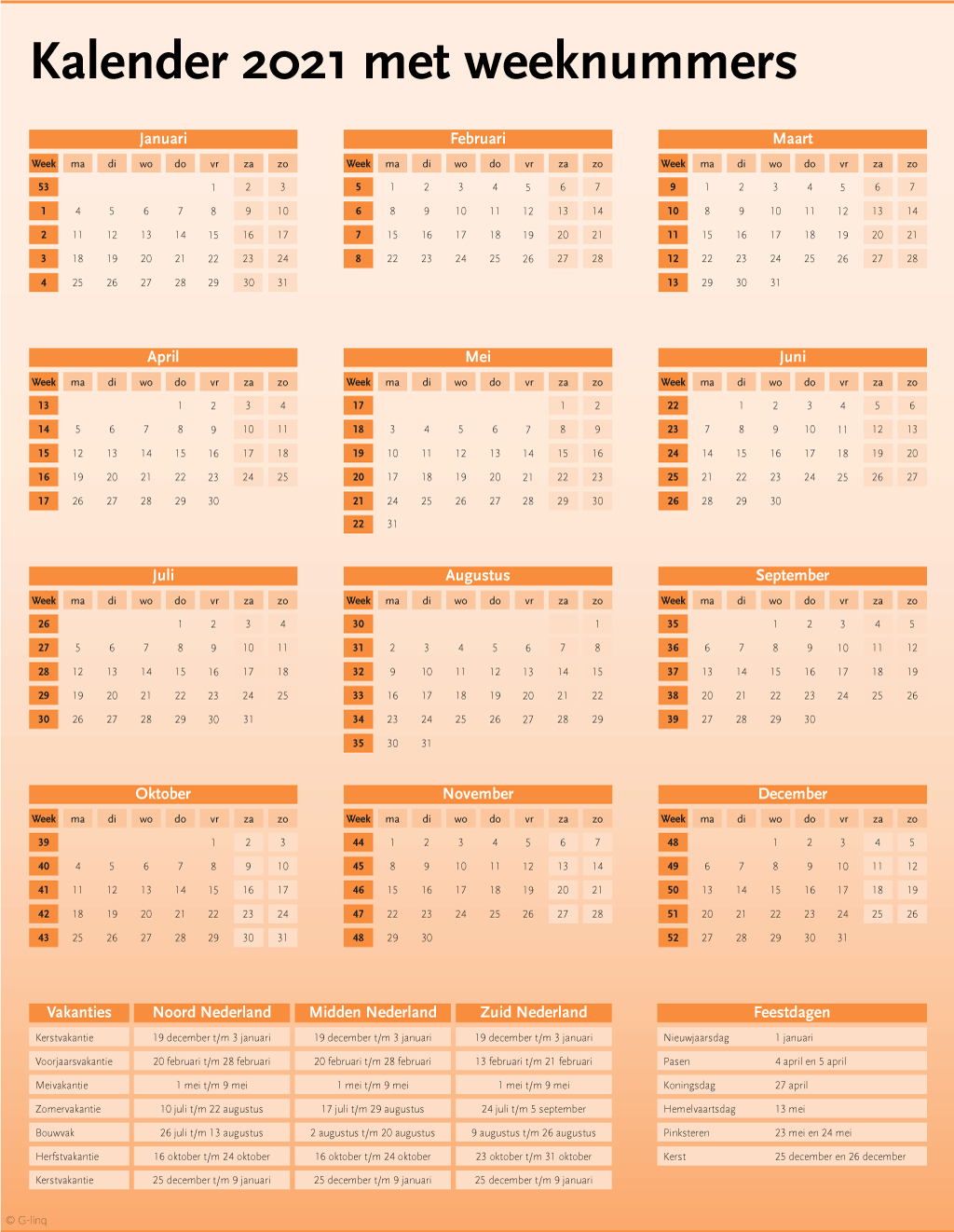 Hoe ziet de jaarkalender van 2021 eruit? U vindt hem hier, met weeknummers en de feestdagen en de schoolvakanties in 2021.