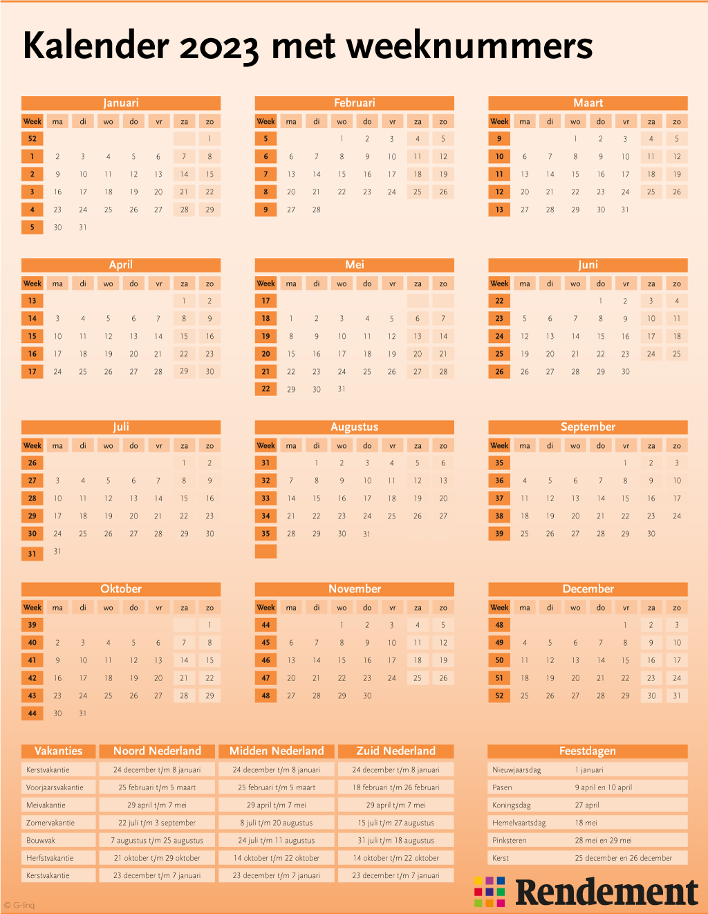 Hoe ziet de jaarkalender van 2023 eruit? U vindt hem hier, met weeknummers en de feestdagen en de schoolvakanties in 2023.